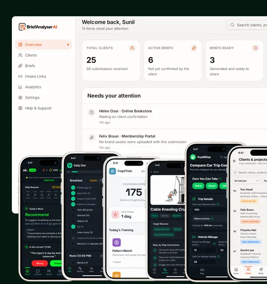 Collage of real products built in the AI Product Builder course — BriefAnalyser AI, BreakBuddy and a split-screen Android app