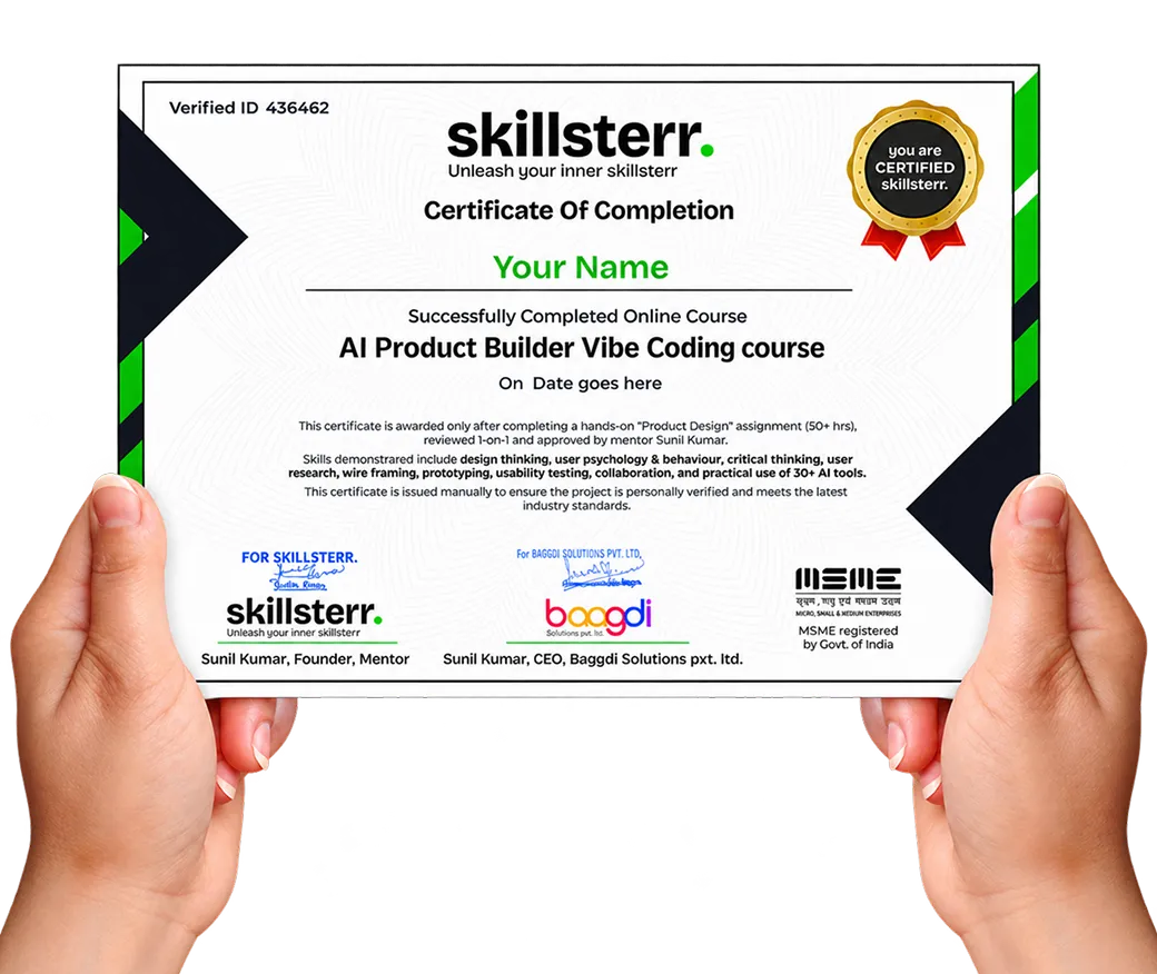 Sample Skillsterr UI/UX design course completion certificate